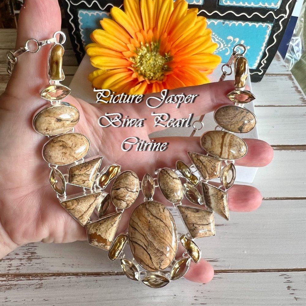 Picture Jasper Pearl Citrine Necklace Handmade Large Gemstone 925 Silver Ethnic